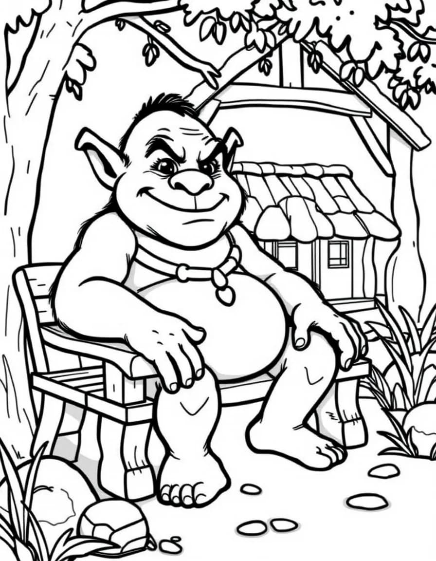 Coloriage Ogre - Gros ogre rigolo et sympathique au ventre rond assis devant sa cabane chaleureuse dans les marais, contours nets.