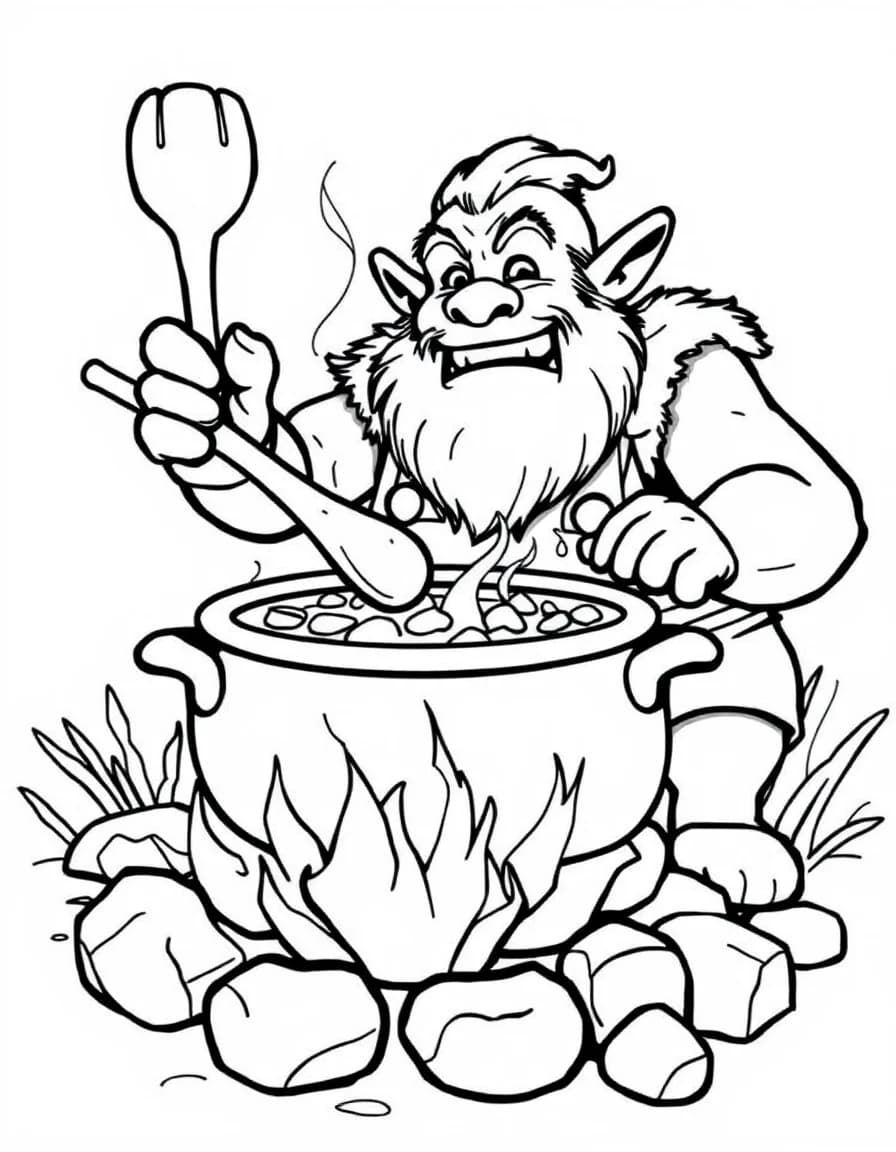 Coloriage Ogre - Ogre cuisinier remuant une marmite géante de soupe de légumes au-dessus d'un feu de bois, traits nets sans ombrage.