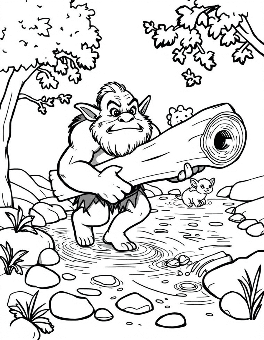 Coloriage Ogre - Ogre au grand cœur posant un tronc d'arbre pour aider les petits animaux de la forêt à traverser la rivière, dessin simple.