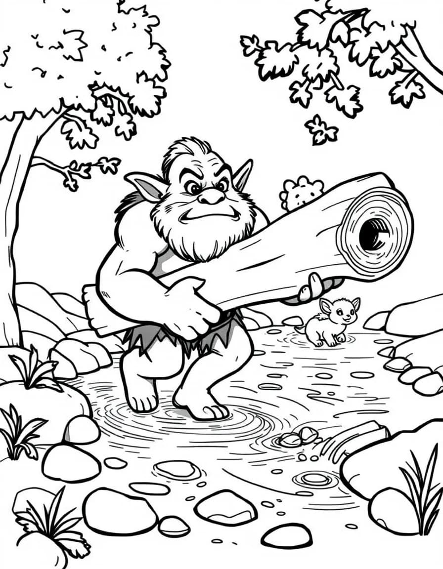 Coloriage Ogre - Ogre au grand cœur posant un tronc d'arbre pour aider les petits animaux de la forêt à traverser la rivière, dessin simple.
