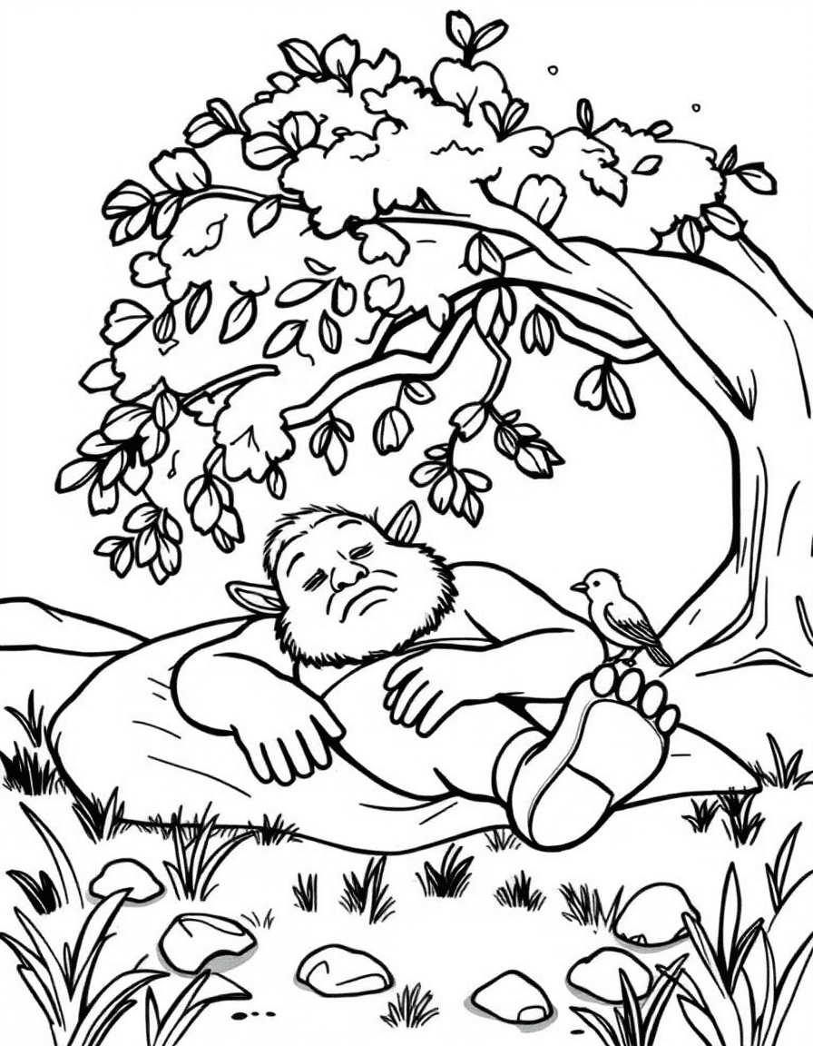 Coloriage Ogre - Ogre assoupi paisiblement sous un vieux chêne avec un petit oiseau perché sur sa grosse botte, contours nets.