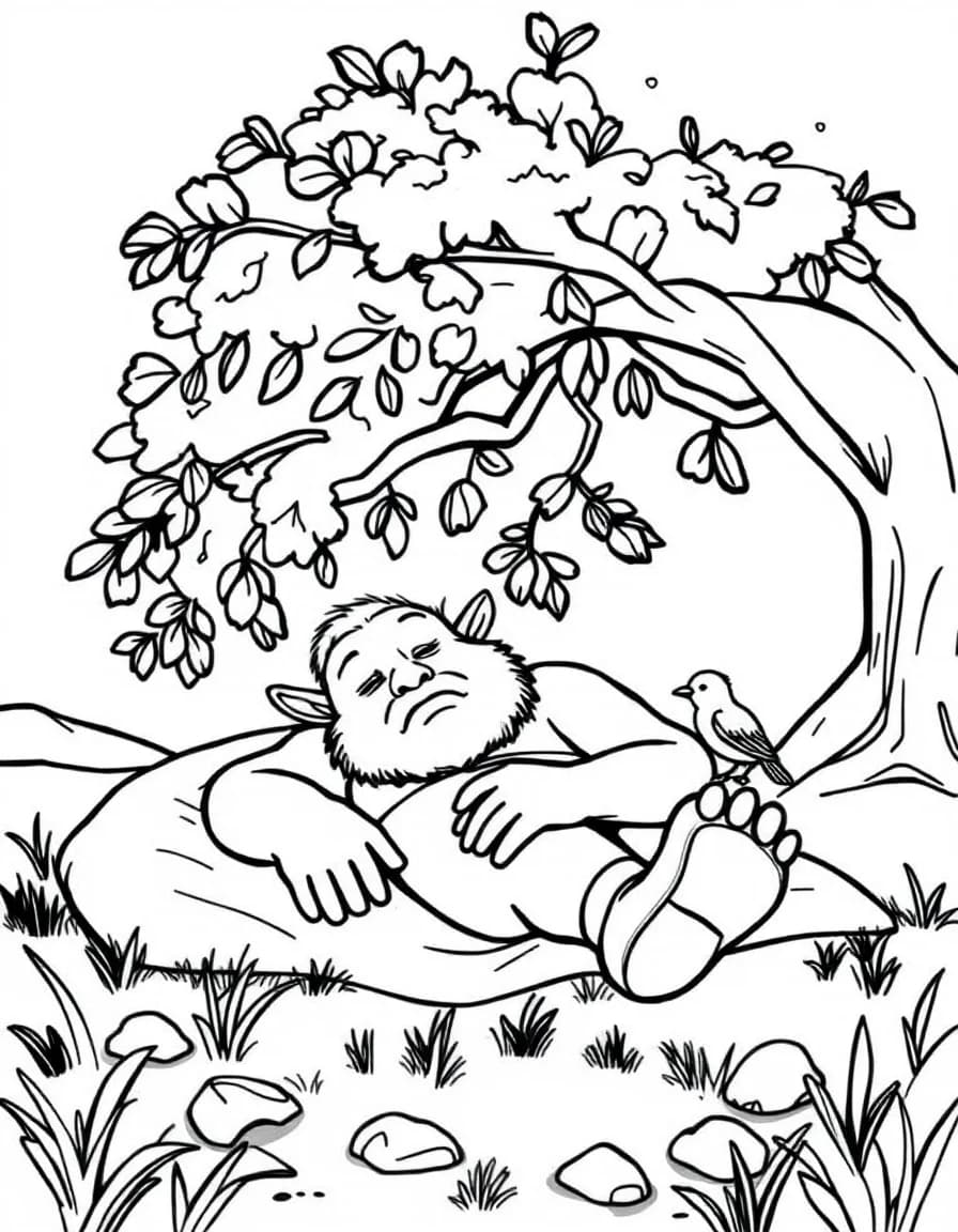 Coloriage Ogre - Ogre assoupi paisiblement sous un vieux chêne avec un petit oiseau perché sur sa grosse botte, contours nets.