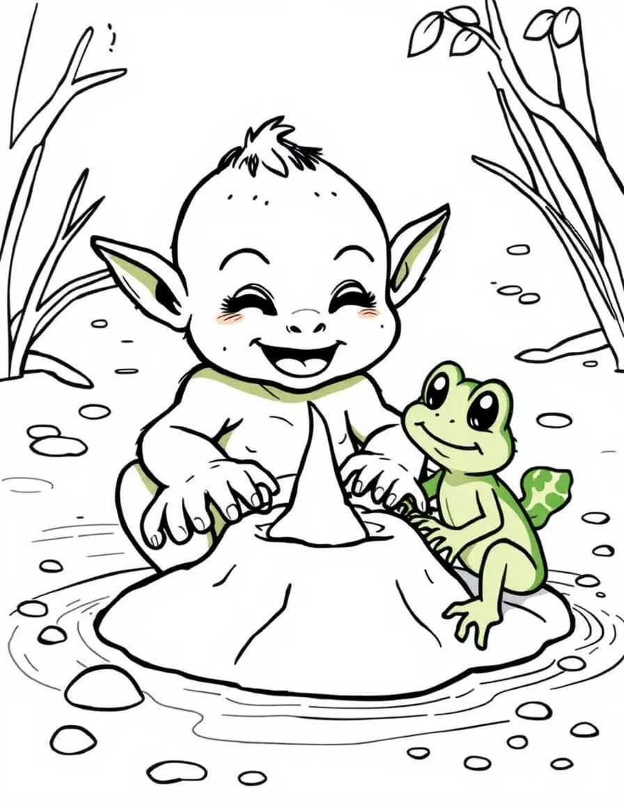 Coloriage Ogre - Bébé ogre rigolo faisant des pâtés de boue avec une petite grenouille verte rigolote, contours nets.