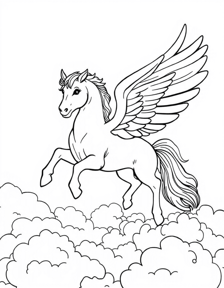 Coloriage Pégase - Majestueux cheval ailé Pégase déployant ses grandes ailes de plumes pour voler au-dessus des nuages, contours nets.