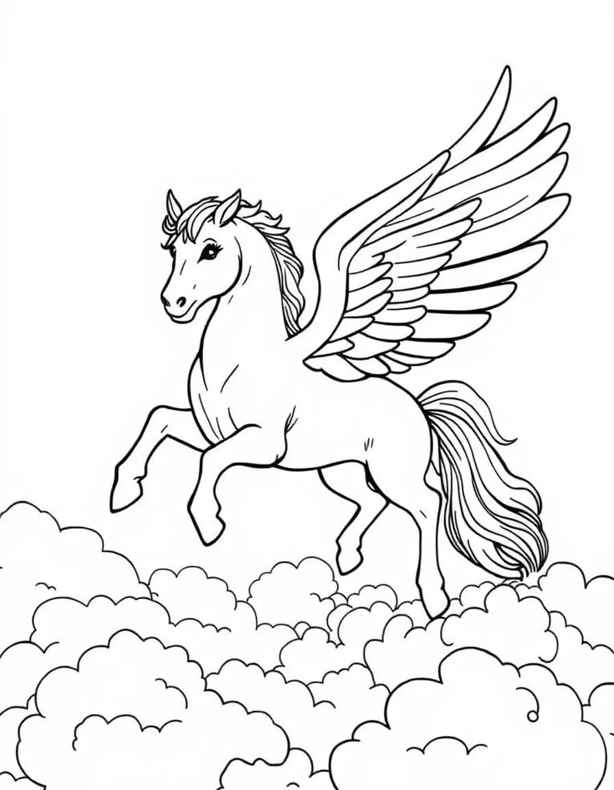 Coloriage Pégase - Majestueux cheval ailé Pégase déployant ses grandes ailes de plumes pour voler au-dessus des nuages, contours nets.