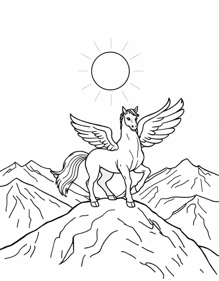 Coloriage Pégase - Beau Pégase blanc dressé fièrement sur un sommet rocheux devant un soleil rayonnant, traits nets sans ombrage.