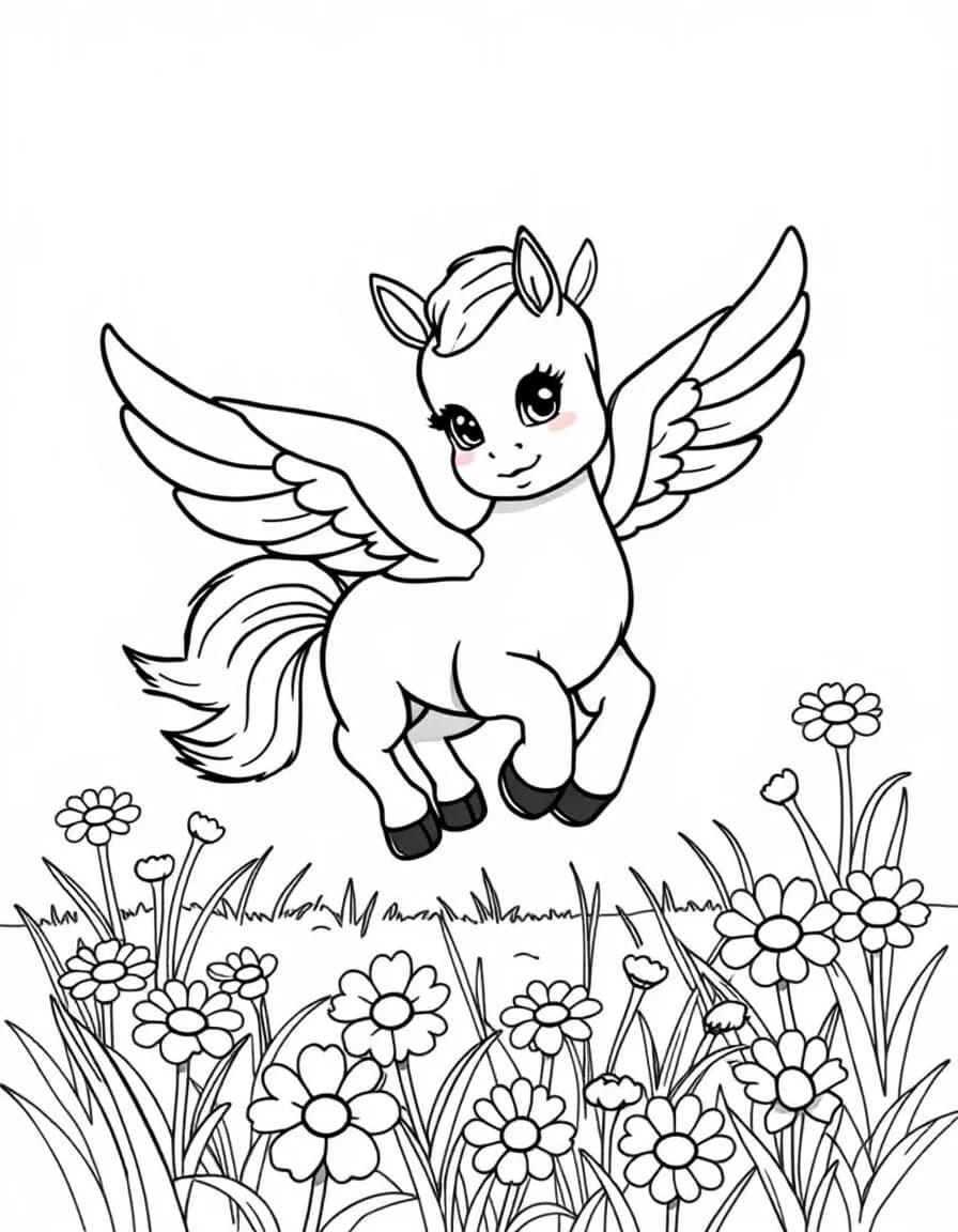 Coloriage Pégase - Bébé poulain Pégase battant joyeusement de ses petites ailes pour apprendre à voler dans les marguerites, dessin simple.