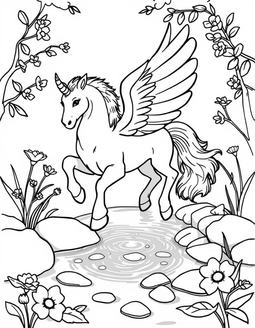 Coloriage Pégase - Pégase buvant l'eau pure de la source sacrée entouré de belles fleurs aquatiques, contours bien définis.