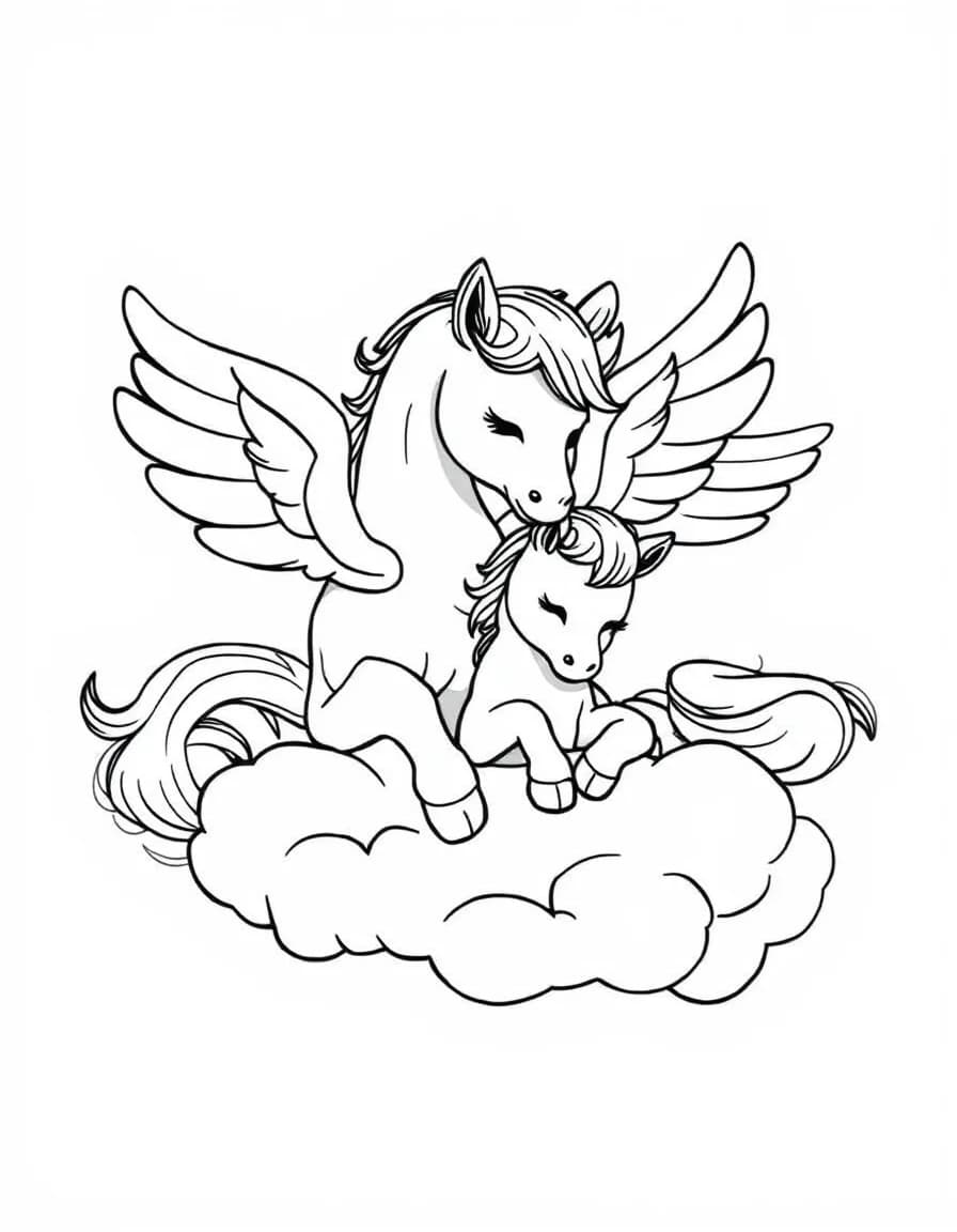 Coloriage Pégase - Maman Pégase enveloppant tendrement son poulain endormi de ses grandes ailes soyeuses sur un nuage, contours nets.