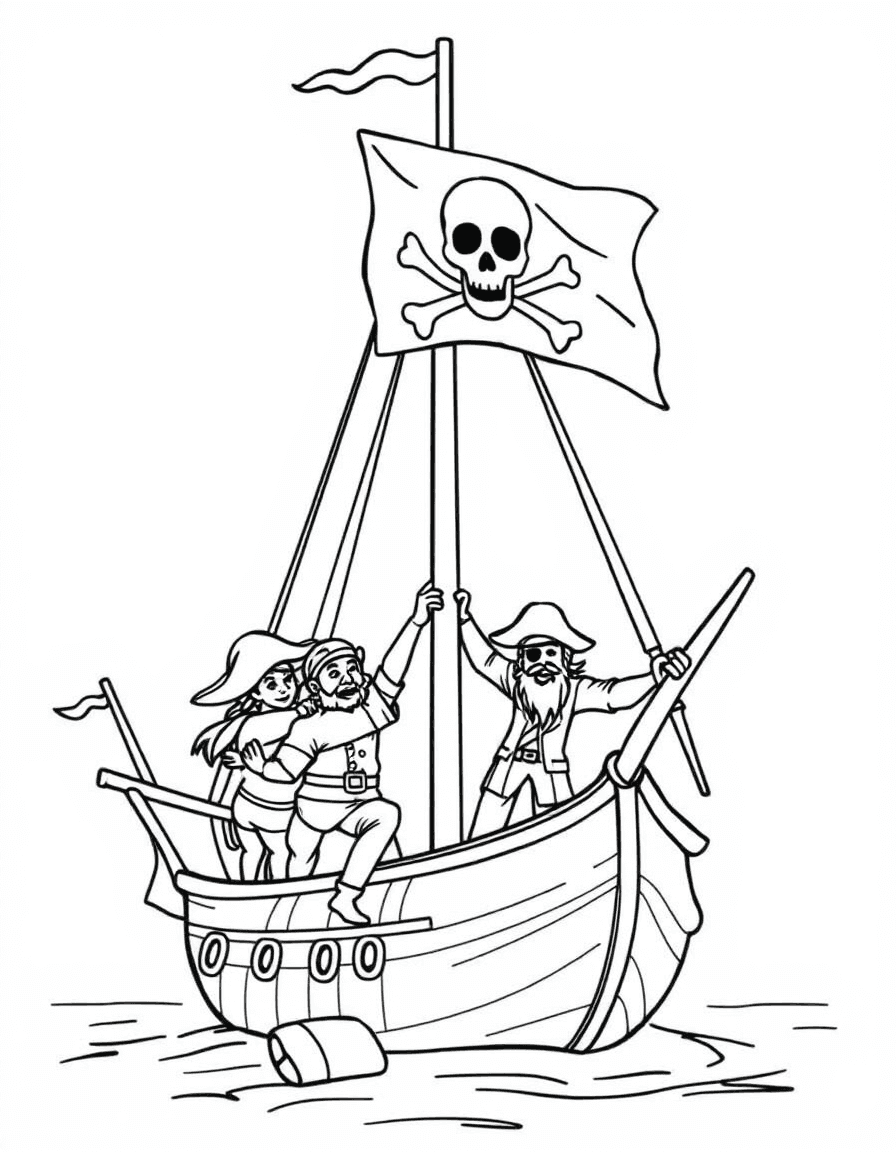 Coloriage Pirates - Équipage pirate hissant ensemble le pavillon noir à tête de mort sur le grand mât du navire, contours nets.