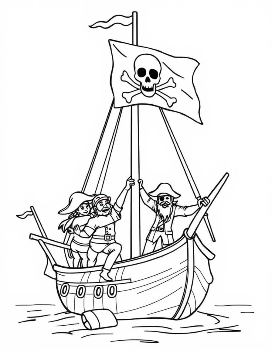 Coloriage Pirates - Équipage pirate hissant ensemble le pavillon noir à tête de mort sur le grand mât du navire, contours nets.