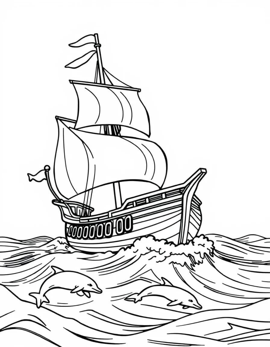 Coloriage Pirates - Grand galion pirate voguant toutes voiles dehors sur l'océan accompagné de dauphins joueurs, traits nets.