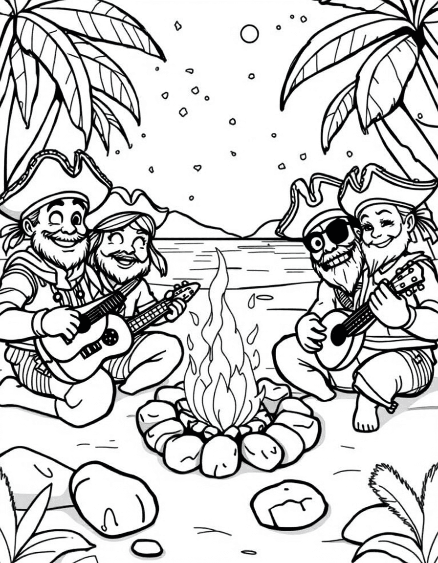 Coloriage Pirates - Groupe de pirates fêtant leur escale autour d'un feu de camp sur une plage tropicale avec ukulélé, dessin simple.