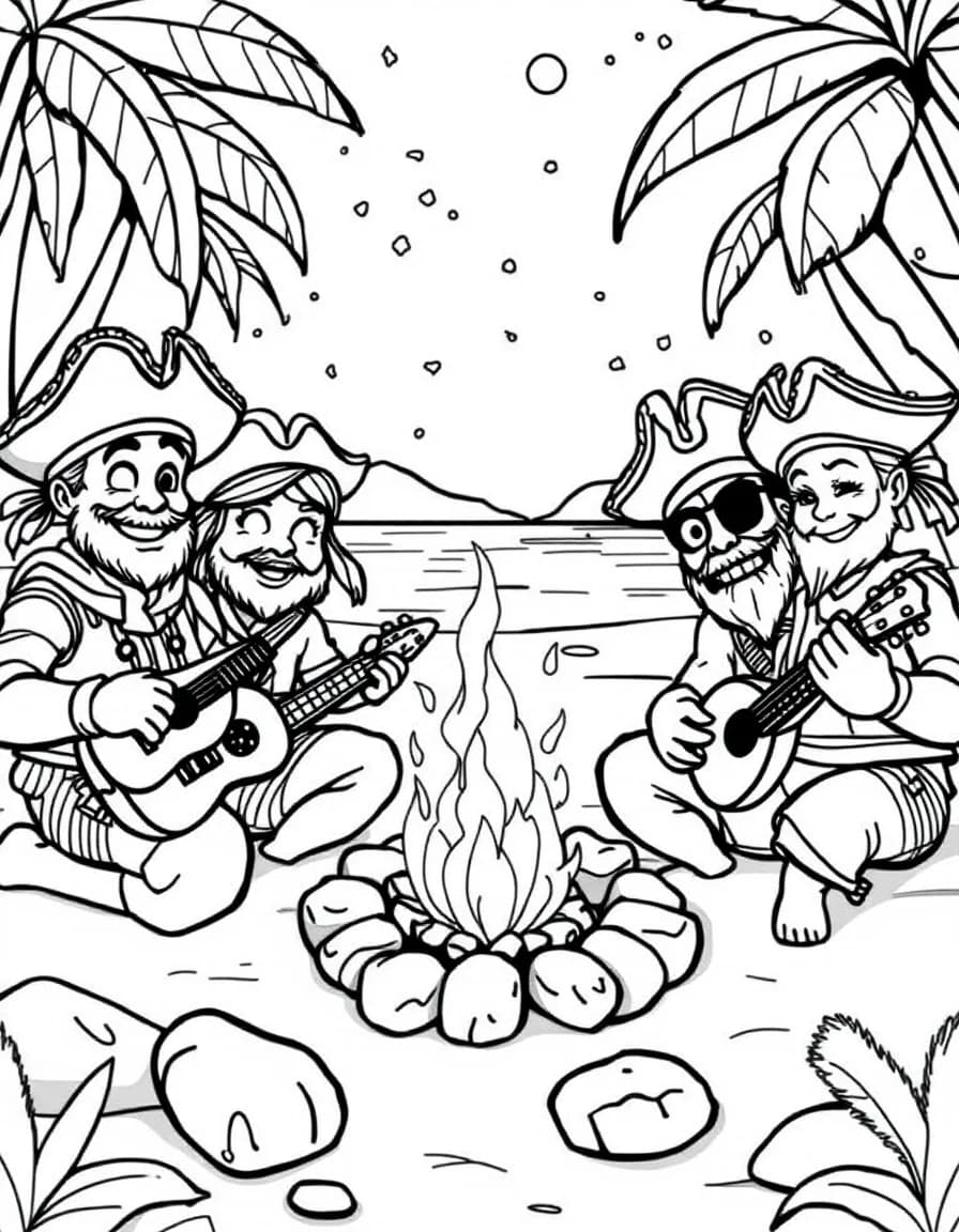 Coloriage Pirates - Groupe de pirates fêtant leur escale autour d'un feu de camp sur une plage tropicale avec ukulélé, dessin simple.