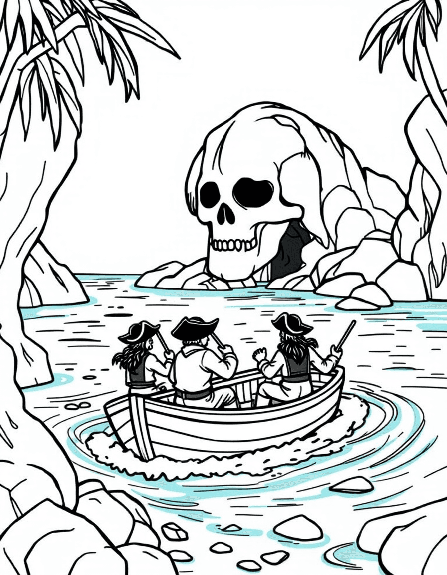 Coloriage Pirates - Pirates ramant dans une barque en bois vers une grotte mystérieuse en forme de crâne de roche, contours bien définis.