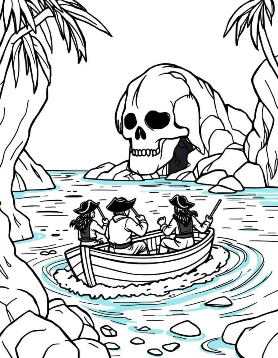 Coloriage Pirates - Pirates ramant dans une barque en bois vers une grotte mystérieuse en forme de crâne de roche, contours bien définis.