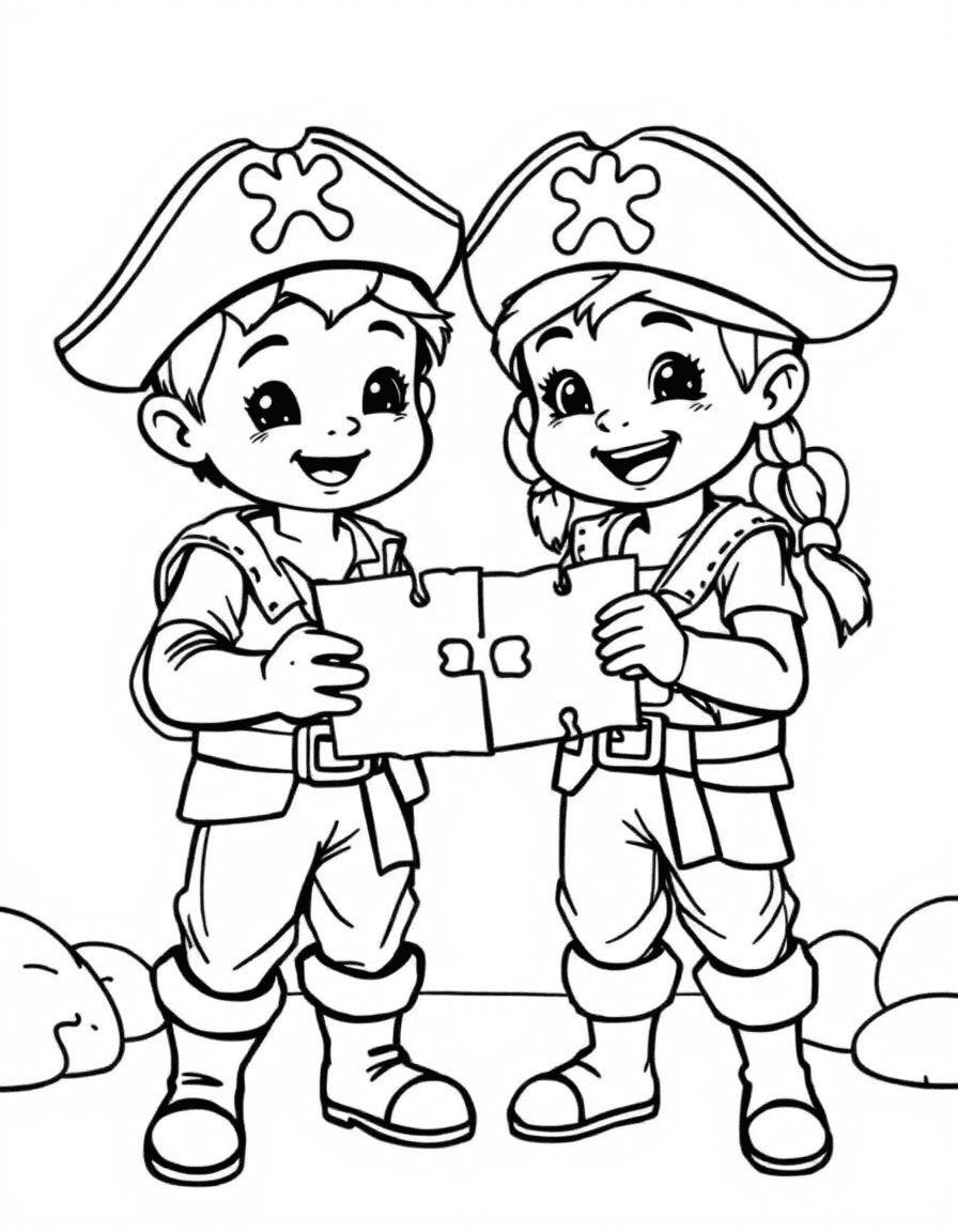 Coloriage Pirates - Deux jeunes amis pirates assemblant deux morceaux d'une carte au trésor magique, contours nets.
