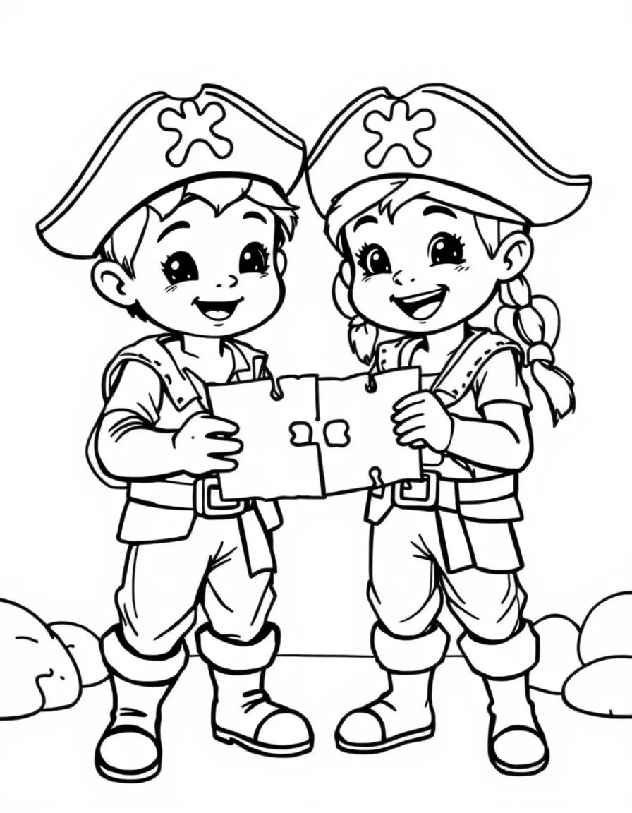 Coloriage Pirates - Deux jeunes amis pirates assemblant deux morceaux d'une carte au trésor magique, contours nets.