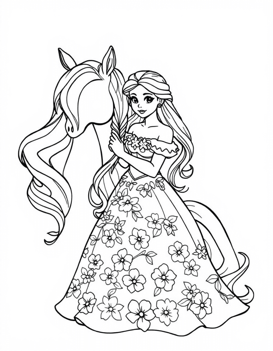 Coloriage Princesse licorne - Belle princesse de conte tressant avec amour la longue crinière fleurie de sa fidèle licorne, contours nets.