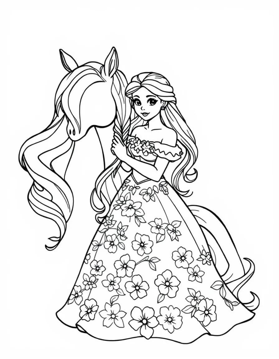 Coloriage Princesse licorne - Belle princesse de conte tressant avec amour la longue crinière fleurie de sa fidèle licorne, contours nets.