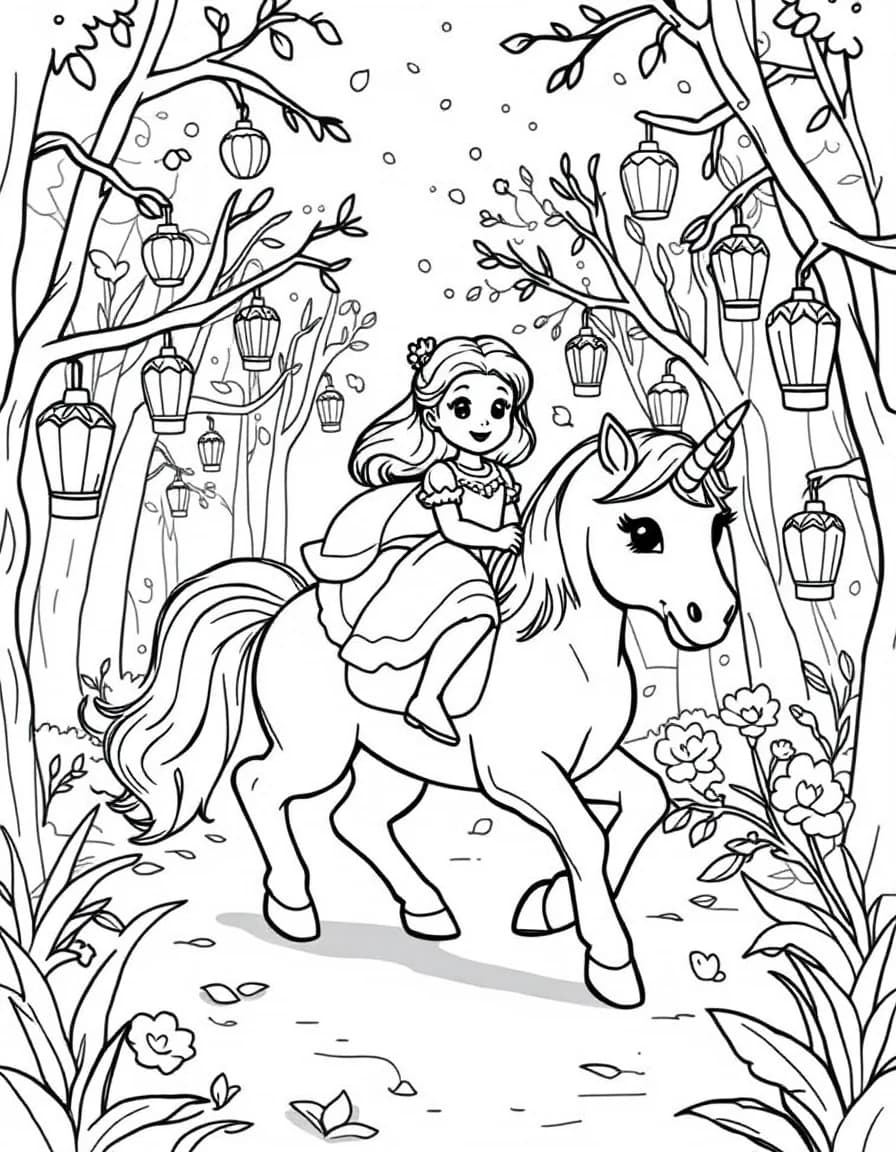 Coloriage Princesse licorne - Petite princesse chevauchant en amazone sa licorne à travers une forêt féerique éclairée de lanternes, traits nets.