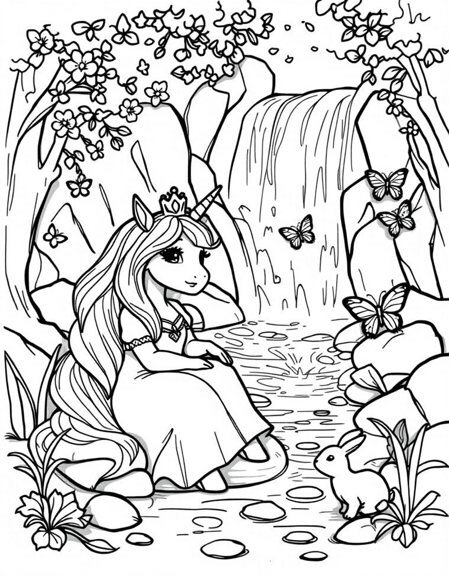 Coloriage Princesse licorne - Princesse couronnée et sa licorne se reposant près d'une cascade avec des petits lapins et papillons, dessin simple.