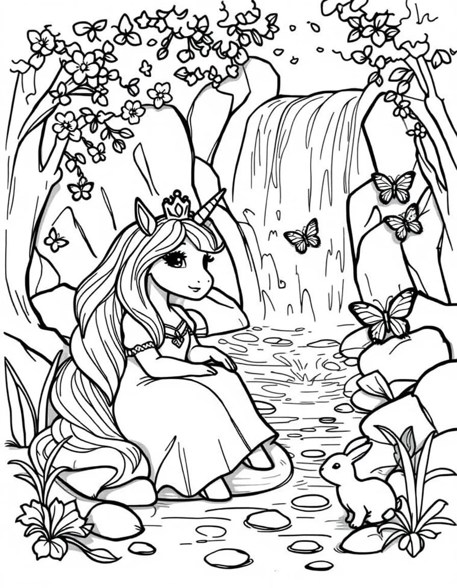 Coloriage Princesse licorne - Princesse couronnée et sa licorne se reposant près d'une cascade avec des petits lapins et papillons, dessin simple.