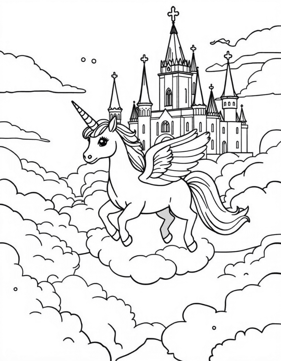 Coloriage Princesse licorne - Princesse et licorne ailée volant ensemble dans le ciel vers un château de cristal sur un nuage, contours nets.