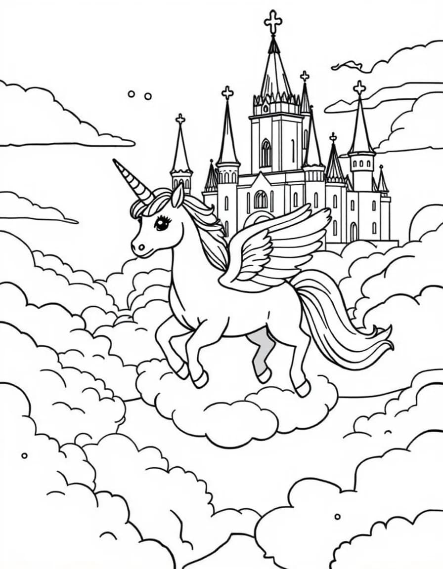Coloriage Princesse licorne - Princesse et licorne ailée volant ensemble dans le ciel vers un château de cristal sur un nuage, contours nets.