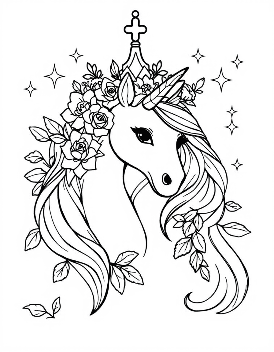 Coloriage Princesse licorne - Princesse couronnant sa licorne adorée d'une guirlande de roses, de lys et d'étoiles brillantes, contours nets.