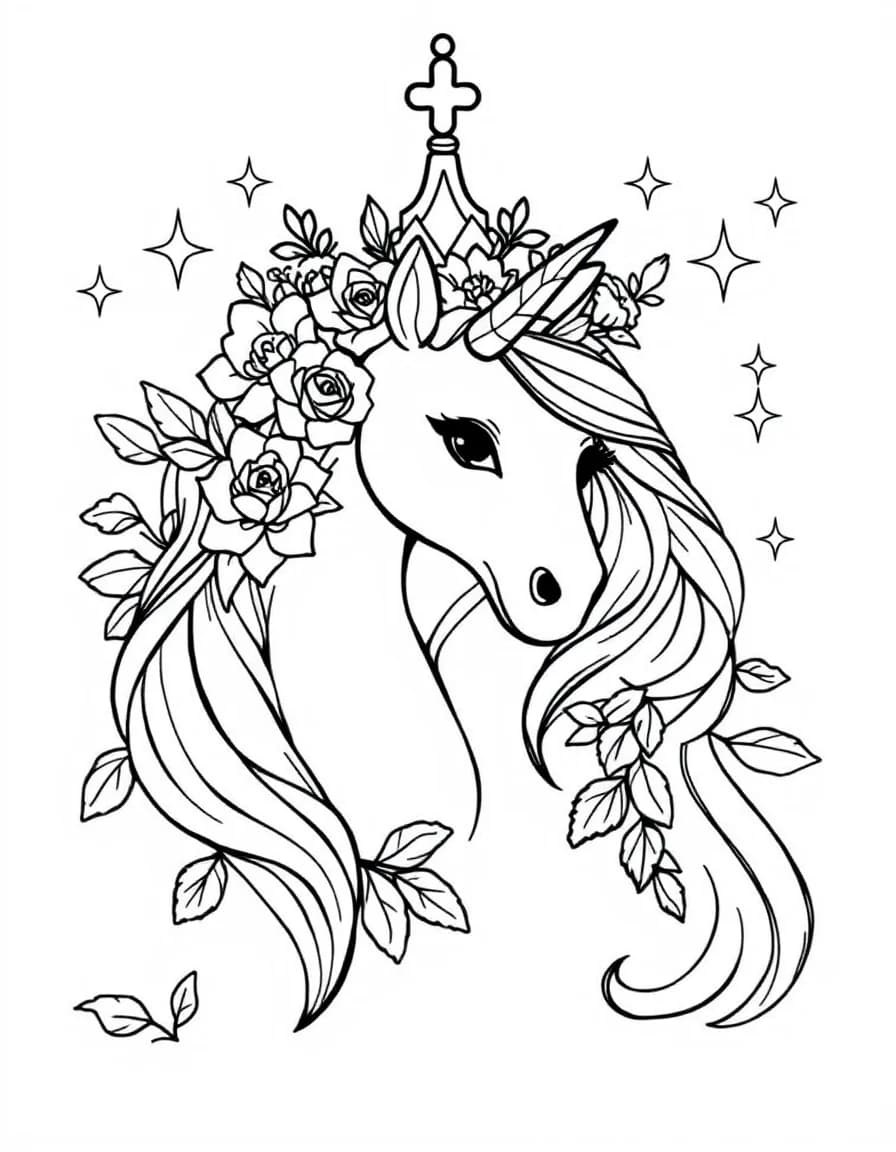 Coloriage Princesse licorne - Princesse couronnant sa licorne adorée d'une guirlande de roses, de lys et d'étoiles brillantes, contours nets.