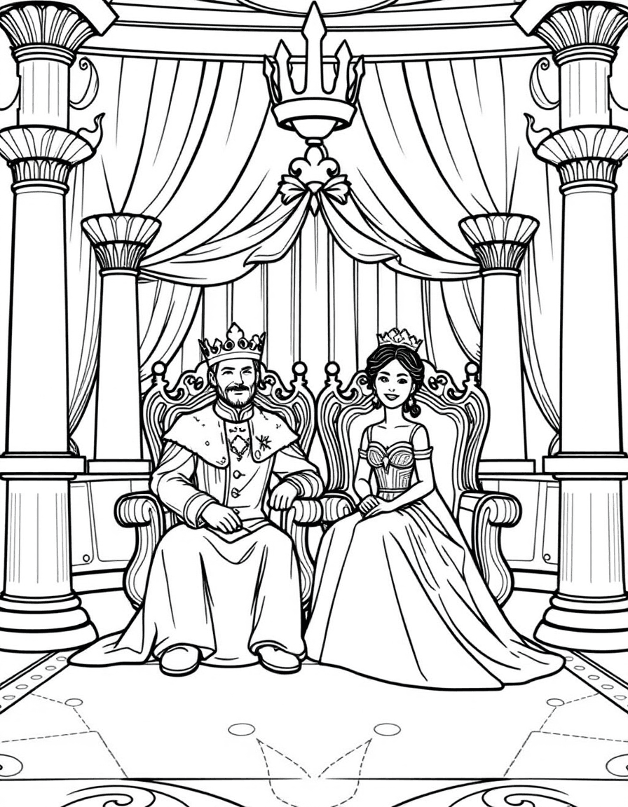 Coloriage Royauté - Roi et reine majestueux assis sur leurs trônes dorés dans la grande salle du trône du palais, contours nets.