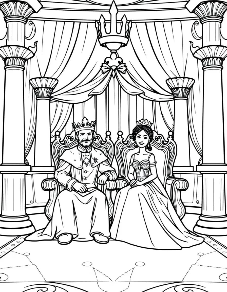 Coloriage Royauté - Roi et reine majestueux assis sur leurs trônes dorés dans la grande salle du trône du palais, contours nets.