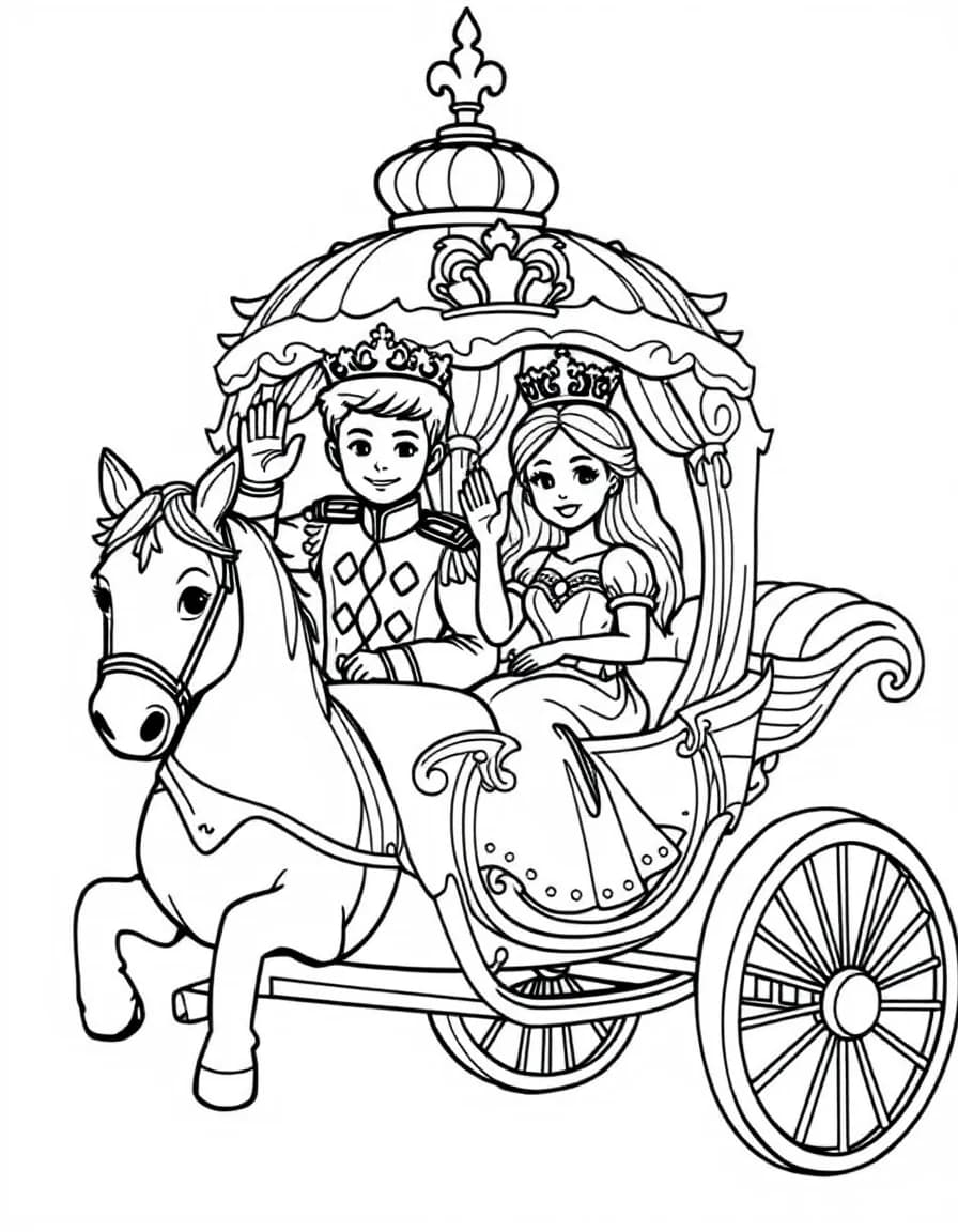 Coloriage Royauté - Prince et princesse saluant la foule depuis la fenêtre d'un beau carrosse royal tiré par des chevaux, traits nets.