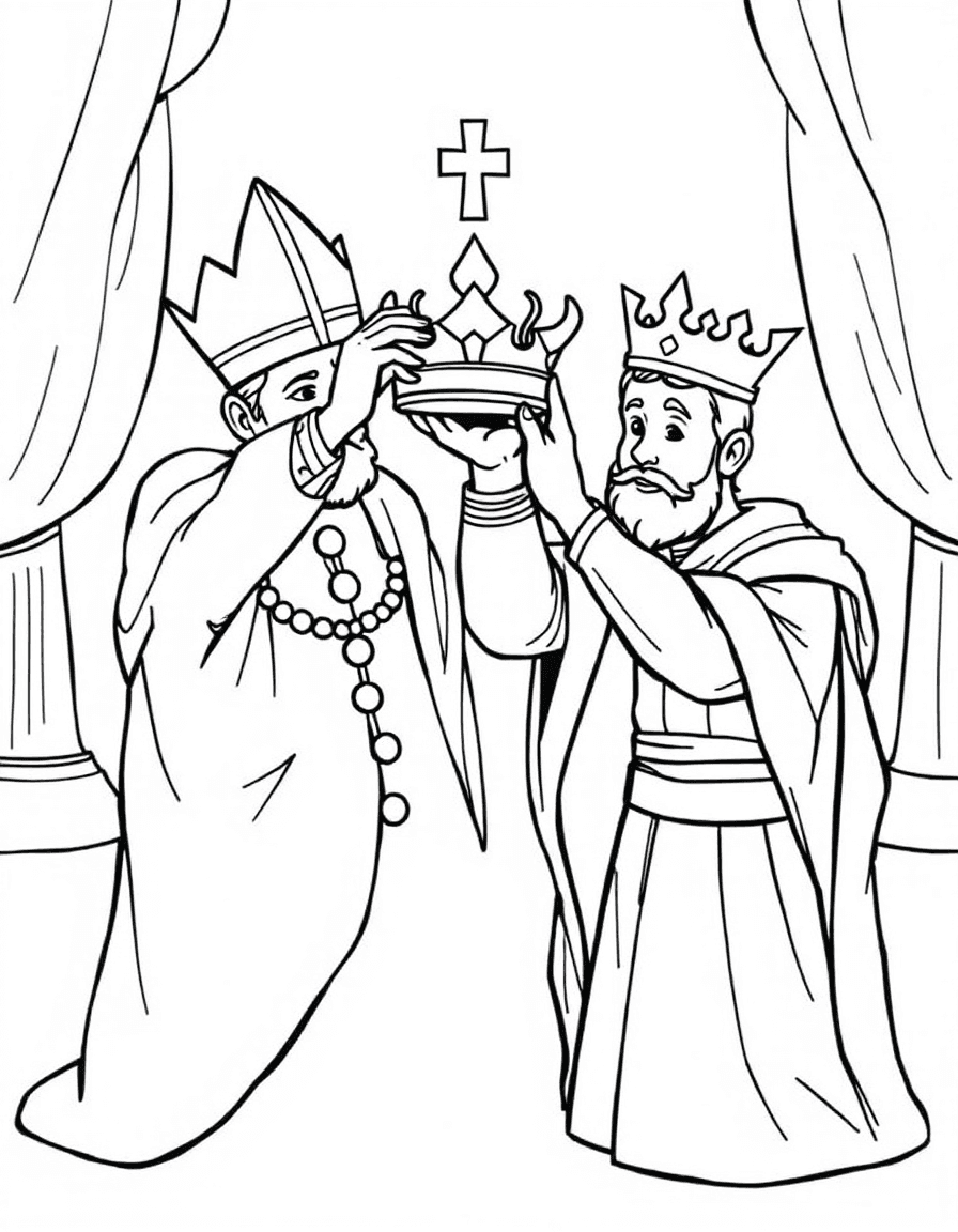 Coloriage Royauté - Cérémonie du couronnement où une couronne précieuse est posée sur la tête du jeune roi, dessin simple.