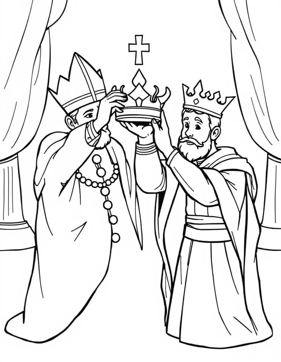 Coloriage Royauté - Cérémonie du couronnement où une couronne précieuse est posée sur la tête du jeune roi, dessin simple.