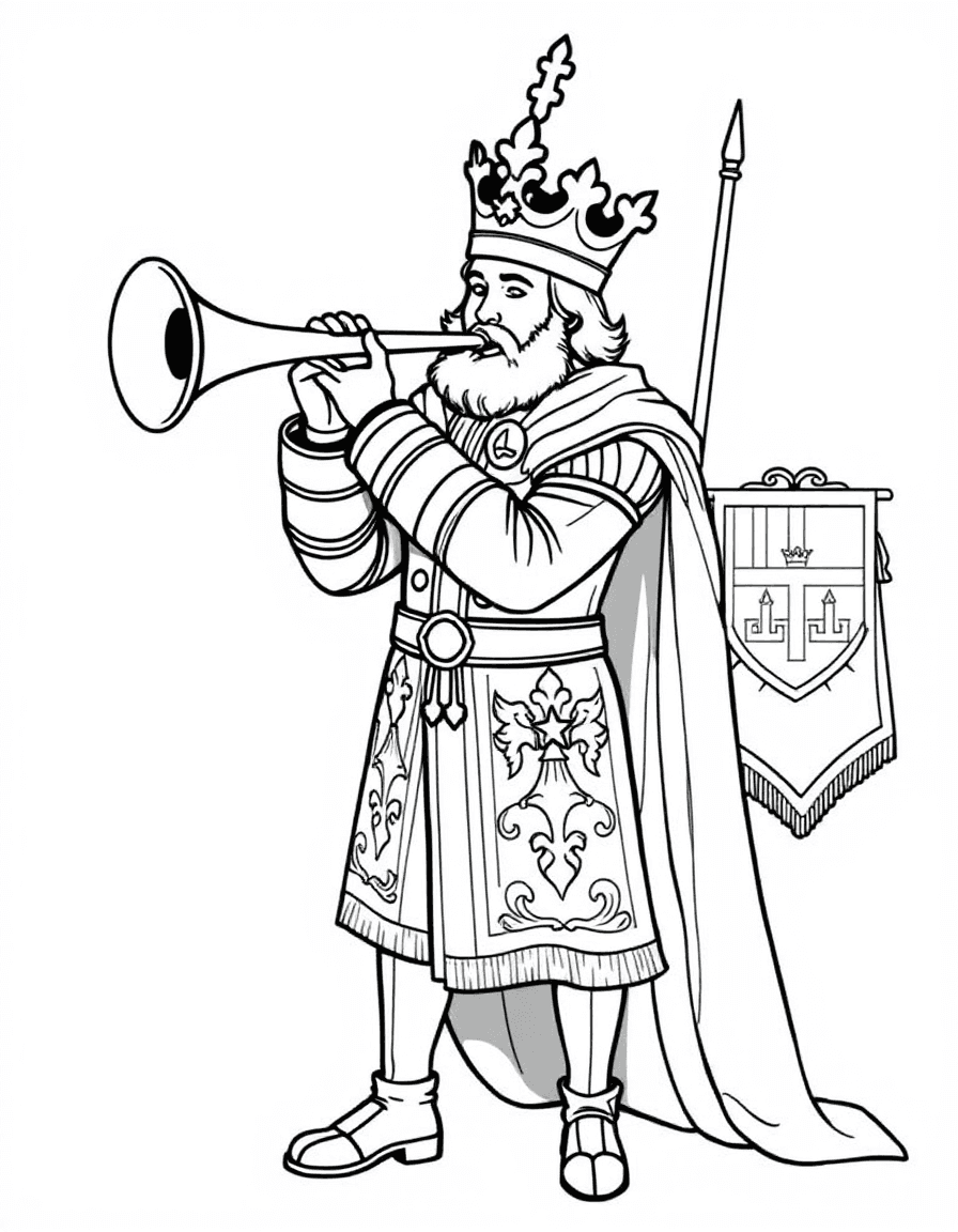 Coloriage Royauté - Héraut royal en costume d'apparat sonnant d'une grande trompette ornée d'une bannière aux armoiries, contours bien définis.