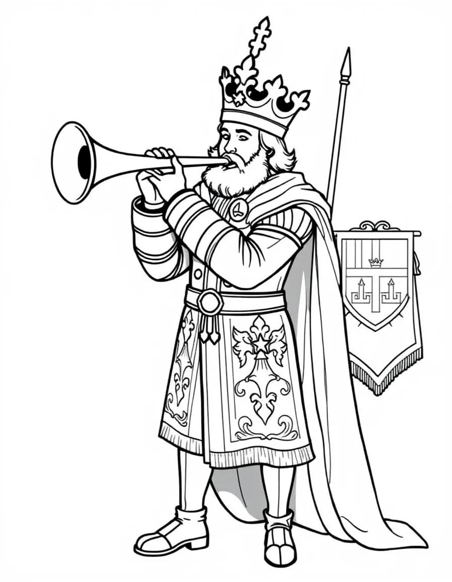 Coloriage Royauté - Héraut royal en costume d'apparat sonnant d'une grande trompette ornée d'une bannière aux armoiries, contours bien définis.
