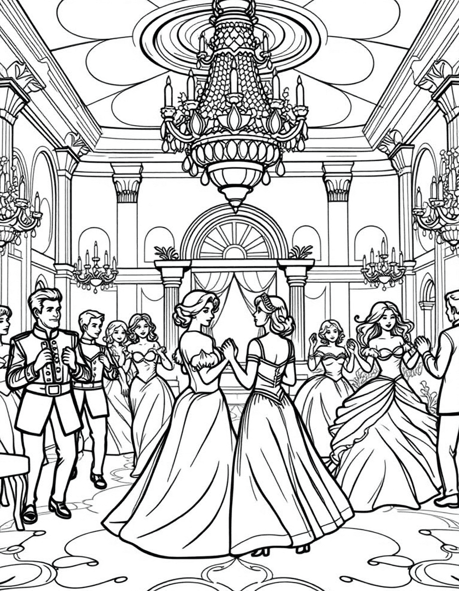 Coloriage Royauté - Bal royal somptueux au palais où princes et princesses dansent sous de grands lustres de cristal, contours nets.