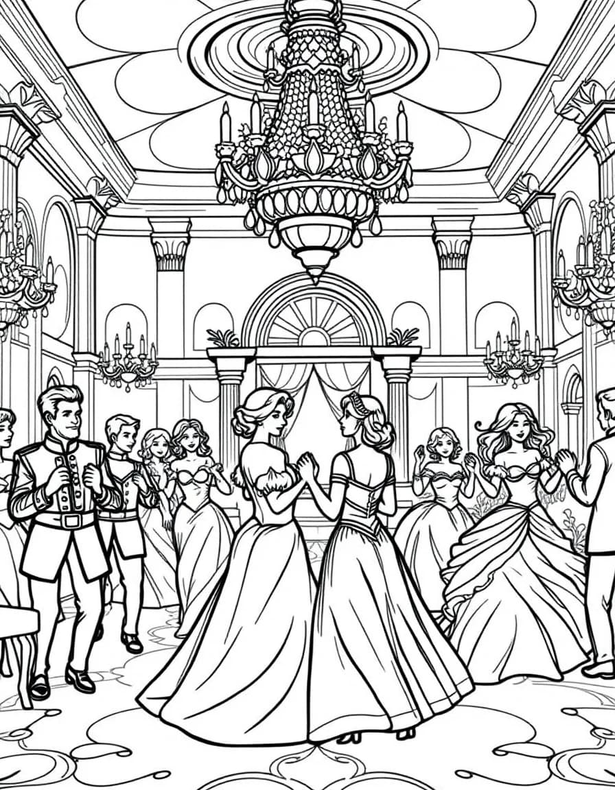 Coloriage Royauté - Bal royal somptueux au palais où princes et princesses dansent sous de grands lustres de cristal, contours nets.