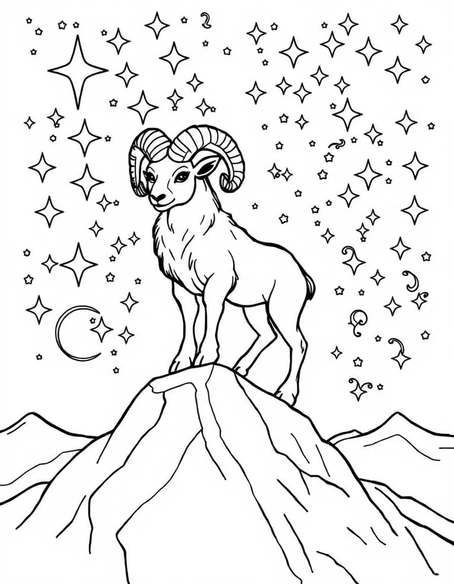 Coloriage Signes astrologiques - Signe du Bélier céleste dressé fièrement sur une montagne au milieu d'étoiles du zodiaque, contours nets.