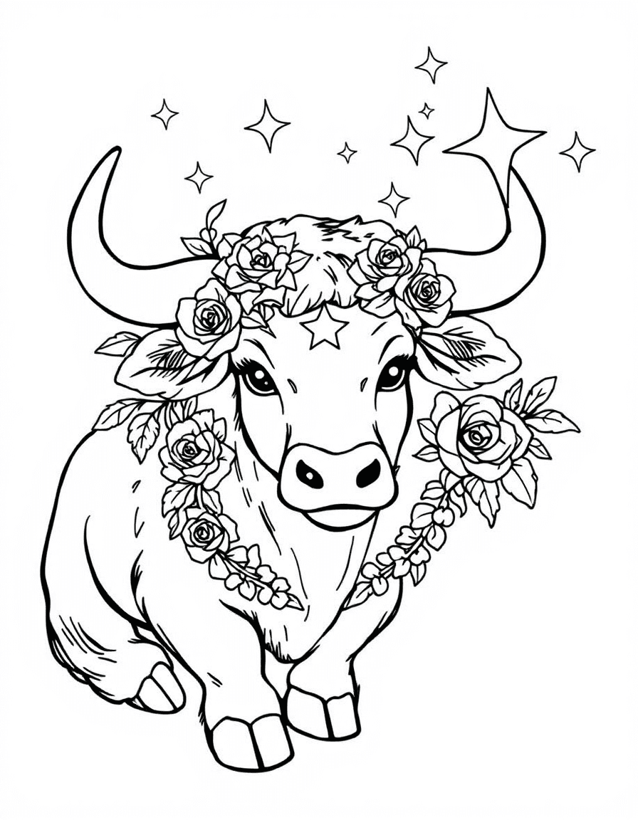 Coloriage Signes astrologiques - Taureau céleste orné d'une guirlande de roses épanouies et d'étoiles de constellations, traits nets sans ombrage.