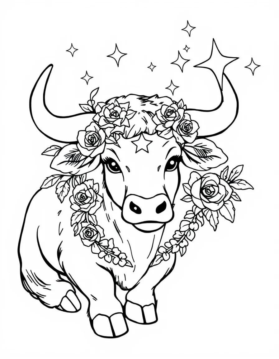 Coloriage Signes astrologiques - Taureau céleste orné d'une guirlande de roses épanouies et d'étoiles de constellations, traits nets sans ombrage.