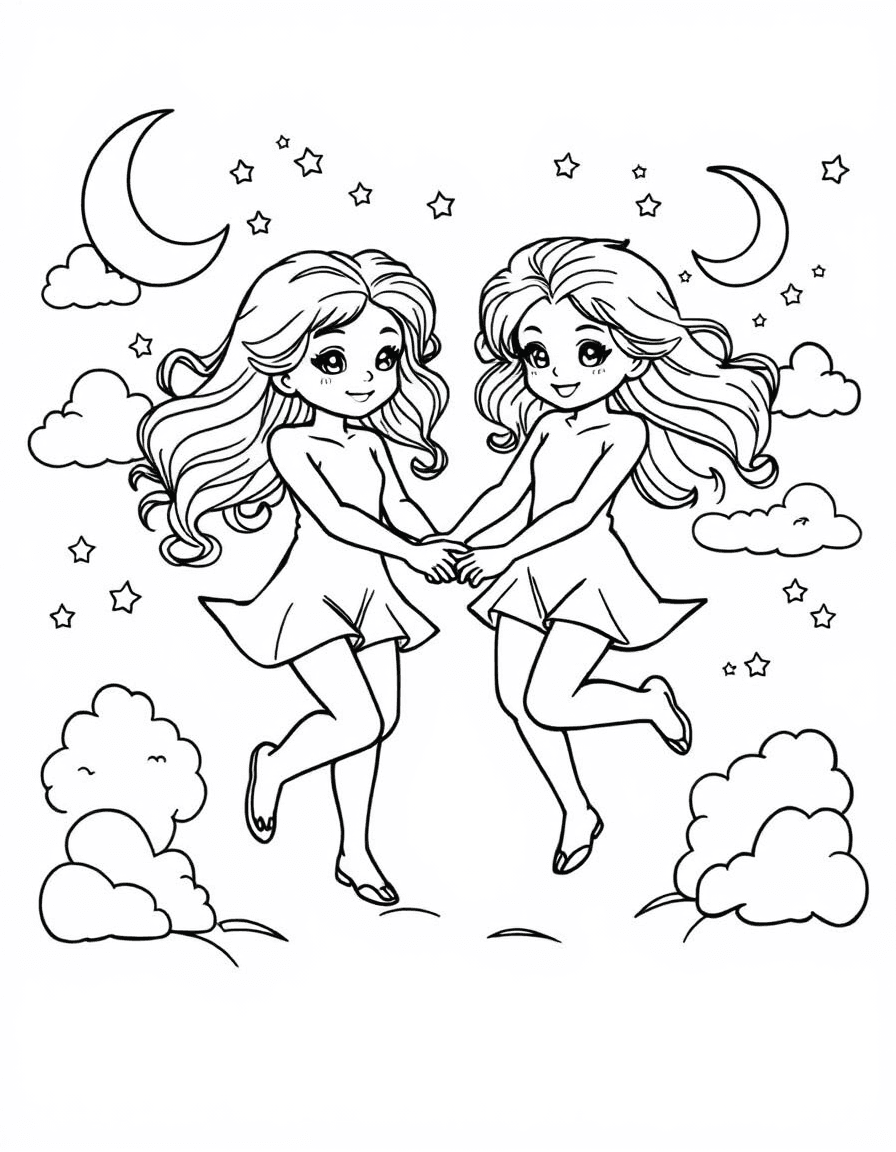 Coloriage Signes astrologiques - Jumeaux célestes des Gémeaux se tenant la main et dansant au milieu des nuages et croissants de lune, dessin simple.
