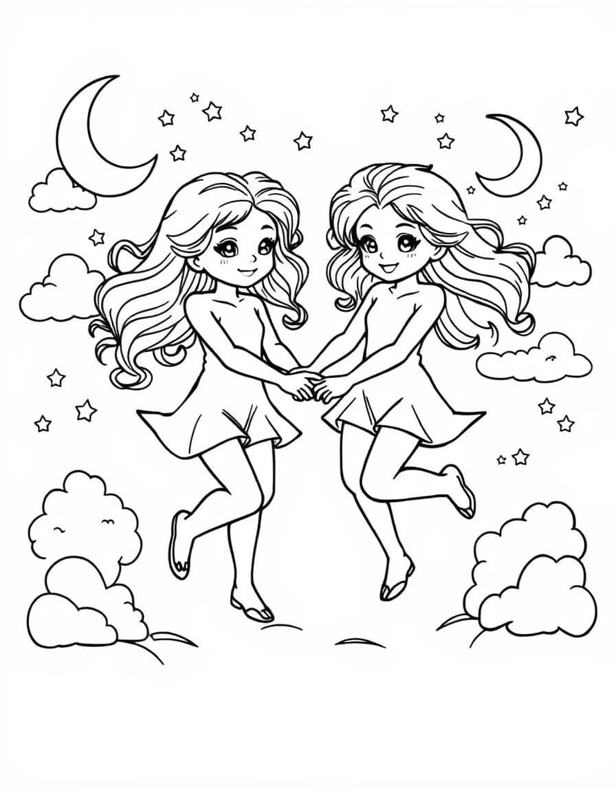 Coloriage Signes astrologiques - Jumeaux célestes des Gémeaux se tenant la main et dansant au milieu des nuages et croissants de lune, dessin simple.