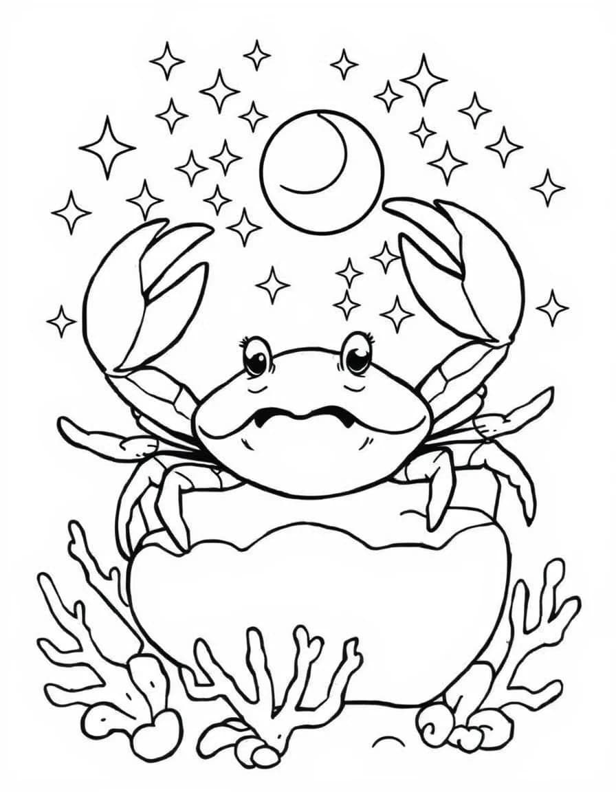 Coloriage Signes astrologiques - Crabe céleste du Cancer assis sur une perle géante entouré d'étoiles étincelantes et de coraux, contours nets.