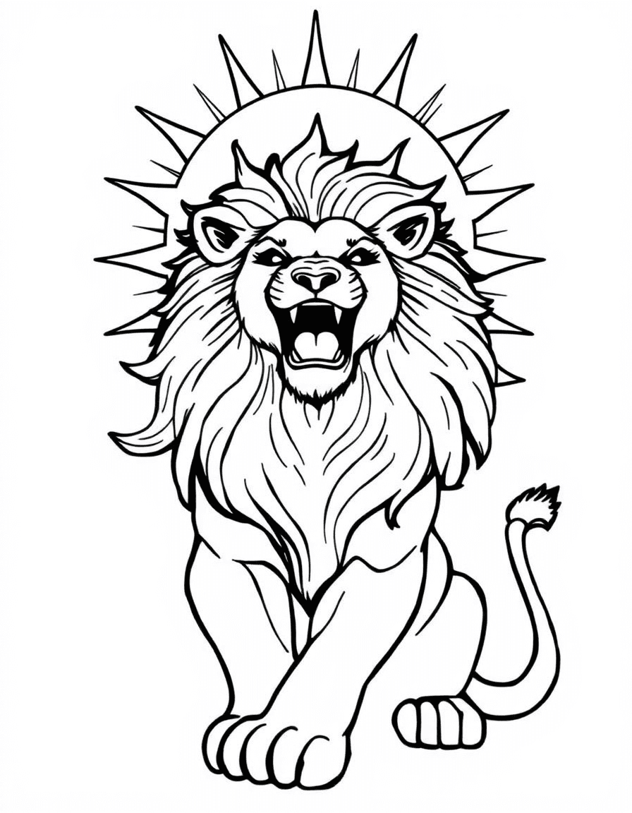 Coloriage Signes astrologiques - Lion flamboyant du zodiaque à la crinière rayonnante comme le soleil rugissant avec noblesse, contours nets.