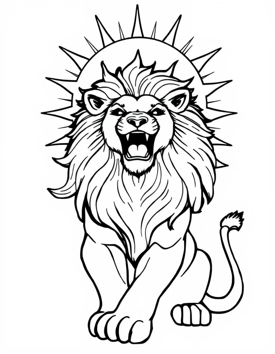 Coloriage Signes astrologiques - Lion flamboyant du zodiaque à la crinière rayonnante comme le soleil rugissant avec noblesse, contours nets.