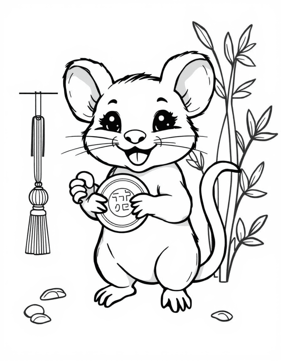 Coloriage Signes astrologiques chinois - Signe du Rat du zodiaque chinois tenant une pièce de monnaie porte-bonheur près de bambous, contours nets.