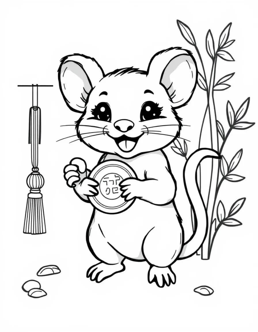 Coloriage Signes astrologiques chinois - Signe du Rat du zodiaque chinois tenant une pièce de monnaie porte-bonheur près de bambous, contours nets.